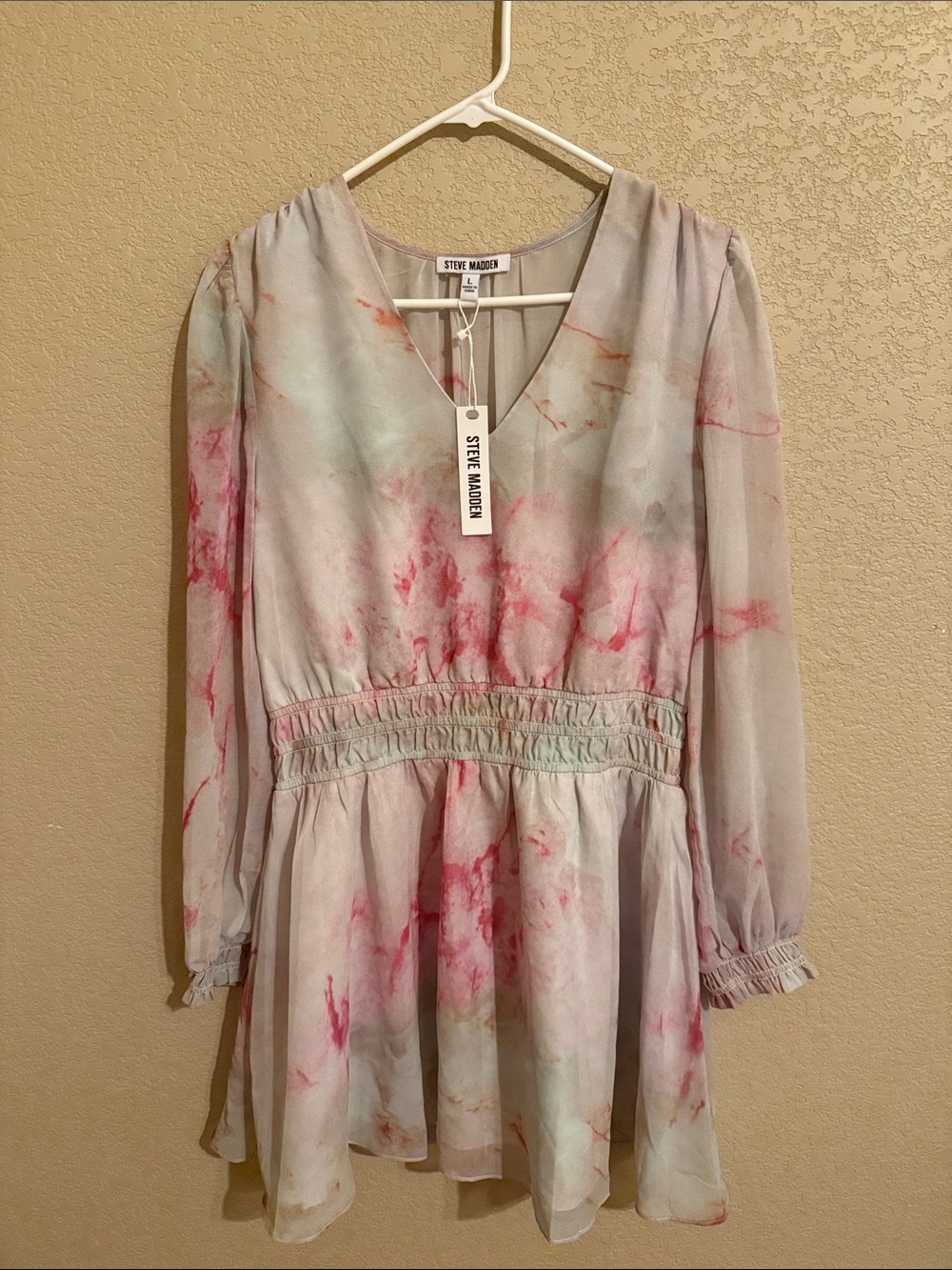 NWT Steve Madden Floral Mini Dress Large Sheer Long Sleeve Smocked Waist Lined